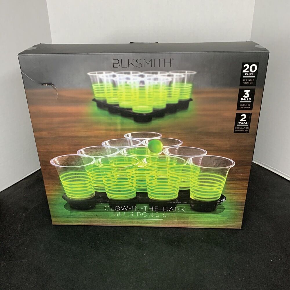 Glow-in-the-Dark Beer Pong Set 20 Cups 3 Balls 2 Racks by Blksmith NEW
